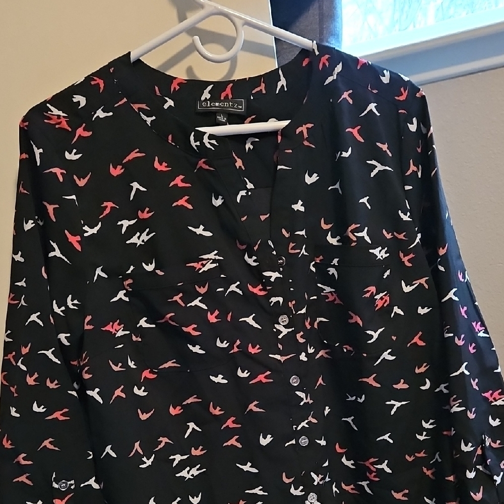 Elementz Black Top with Colorful Bird Pattern